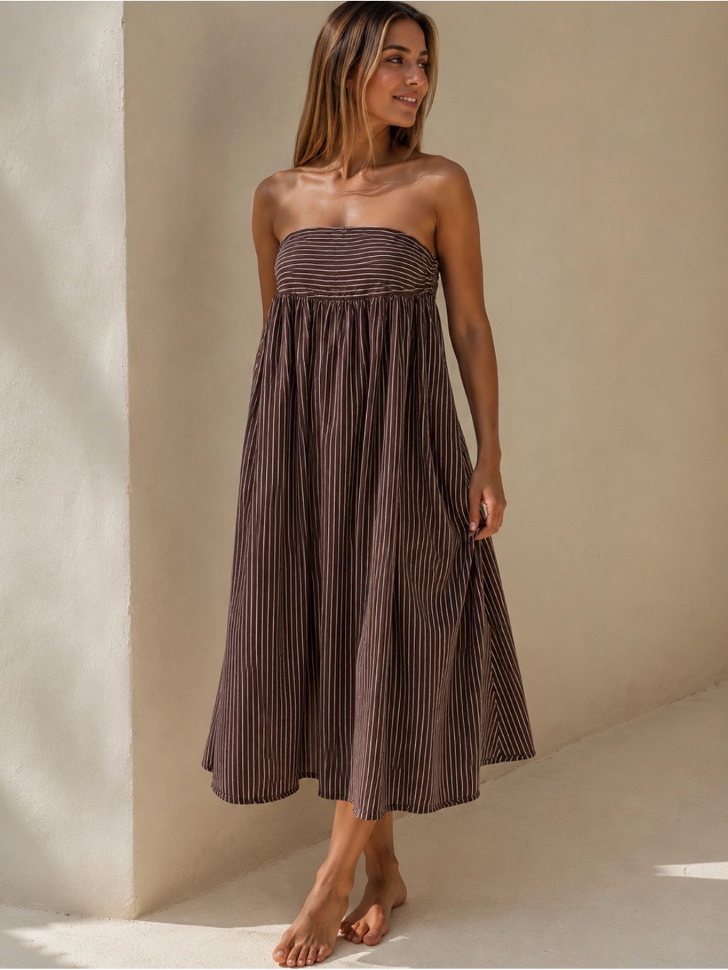 Staud Strapless Midi Dress In Brown With Thin Stripes